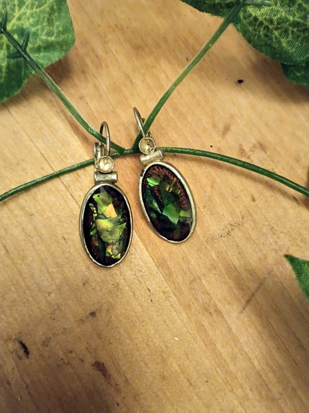 Oval Green & Gold Inlay Drop Earrings